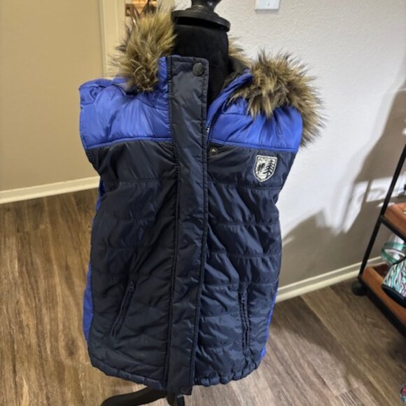 American Eagle Outfitters Black/Blue Faux Fur Trimmed Hood Puffer Vest EUC XXL - Picture 1 of 6